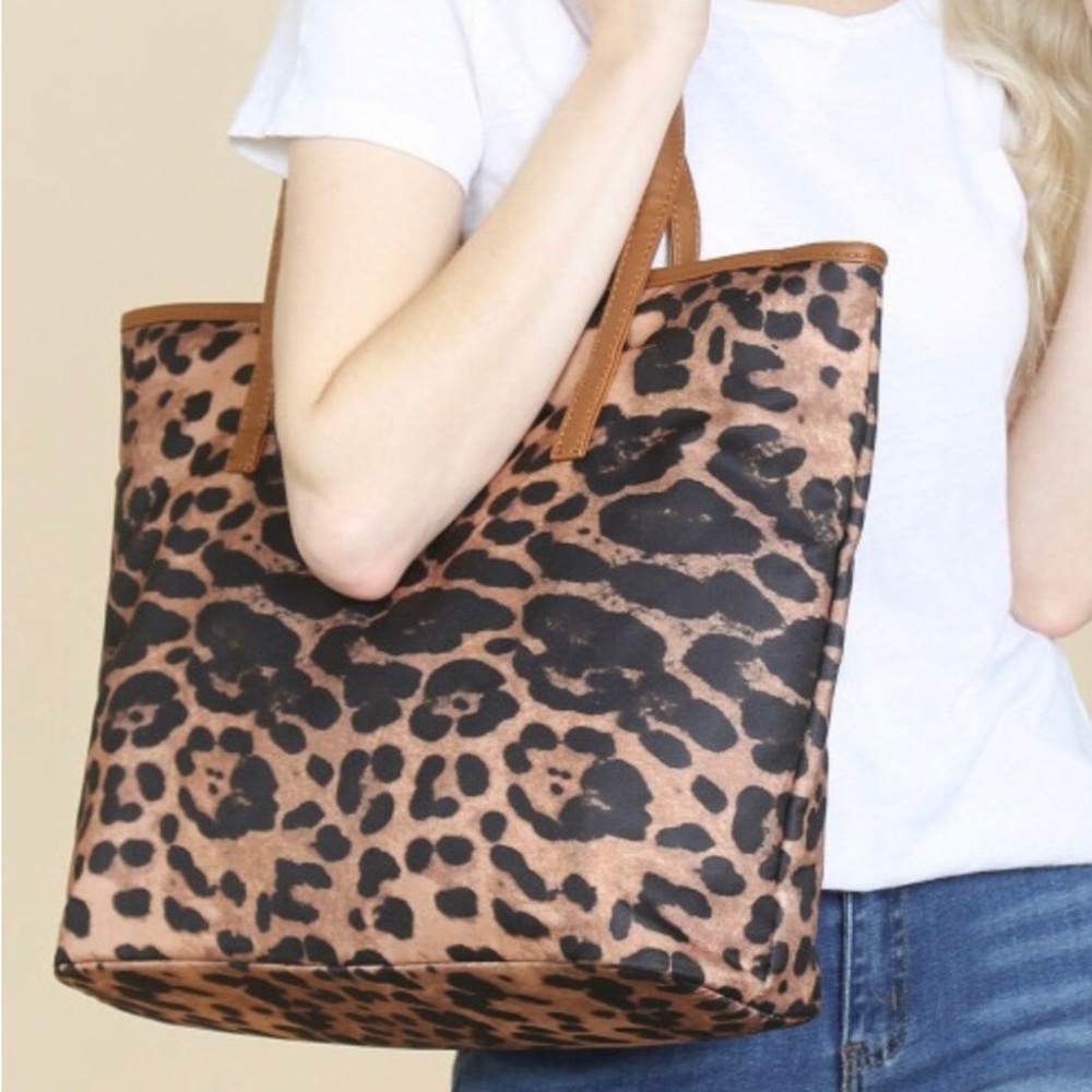 Leopard print fall winter women’s tote zippered everyday brown tan tote bag - Picture 1 of 6